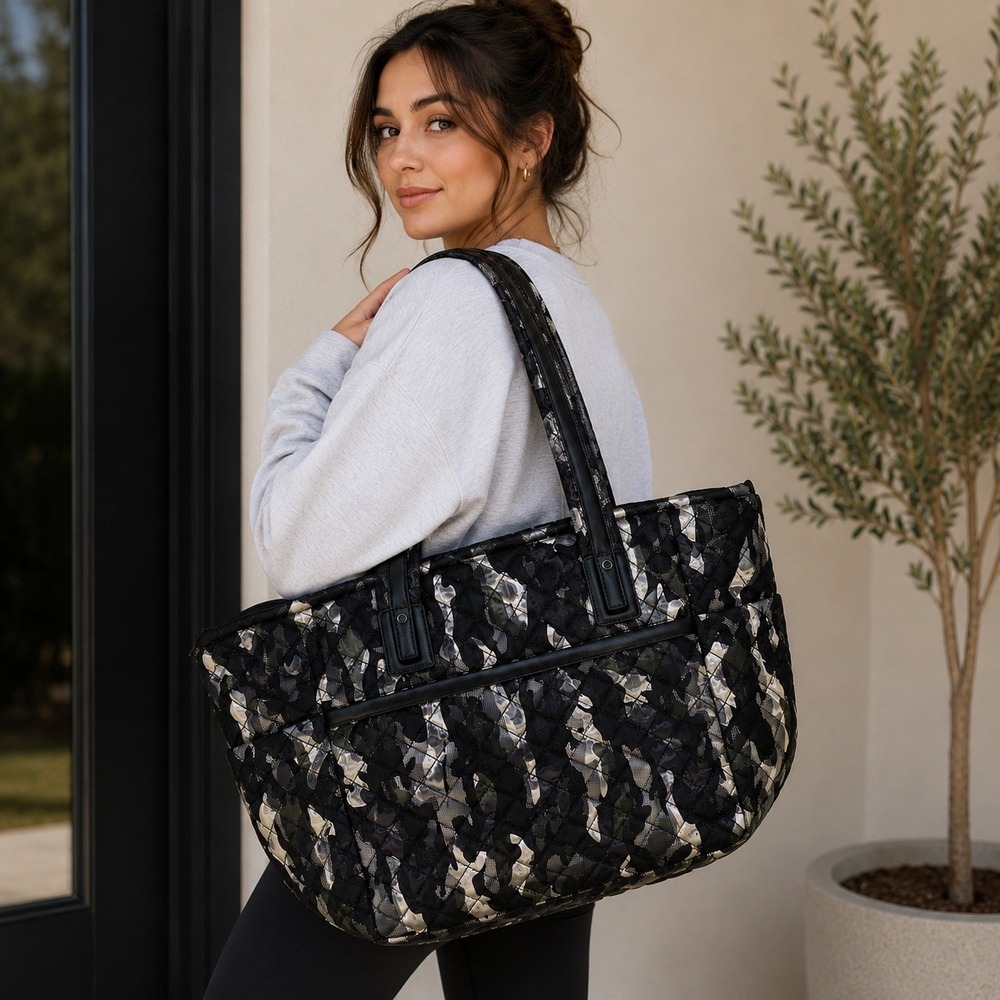 Sol and Selene No Filter Green Metallic Camo Quilted Nylon Tote Bag 21043BSS NWT